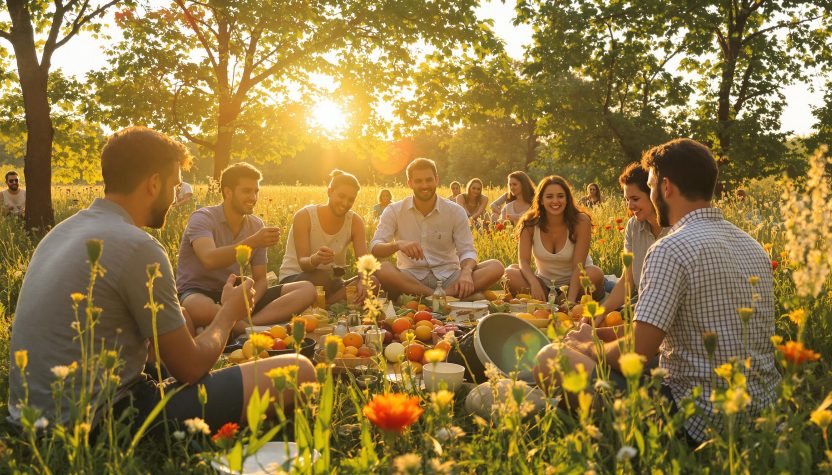 Friends enjoying a picnic in a sunny meadow