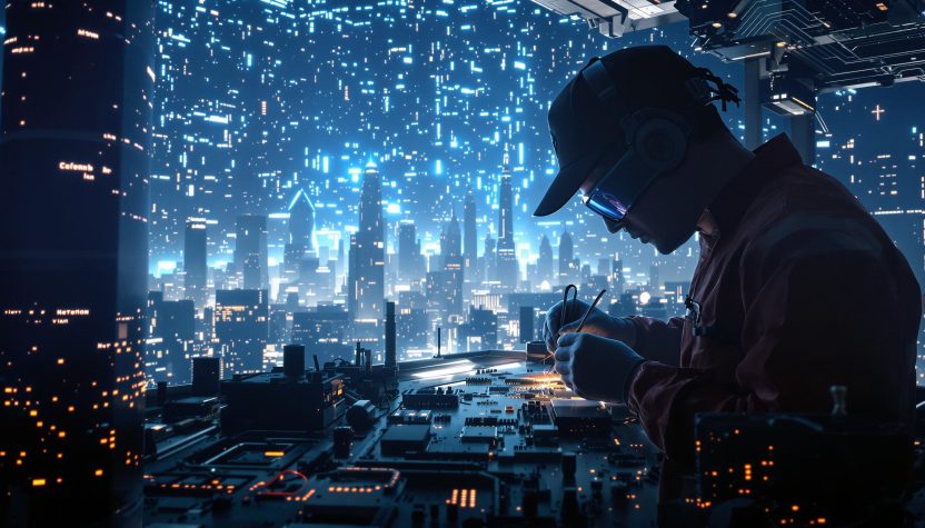 Ingénieur travaillant sur un circuit électronique dans une ville futuriste