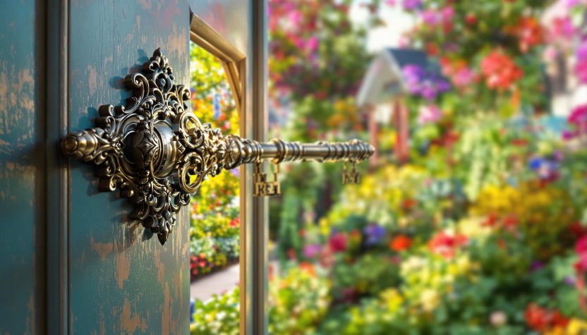 Clé dorée ornée dans une serrure ouvrant sur un jardin coloré et fleuri