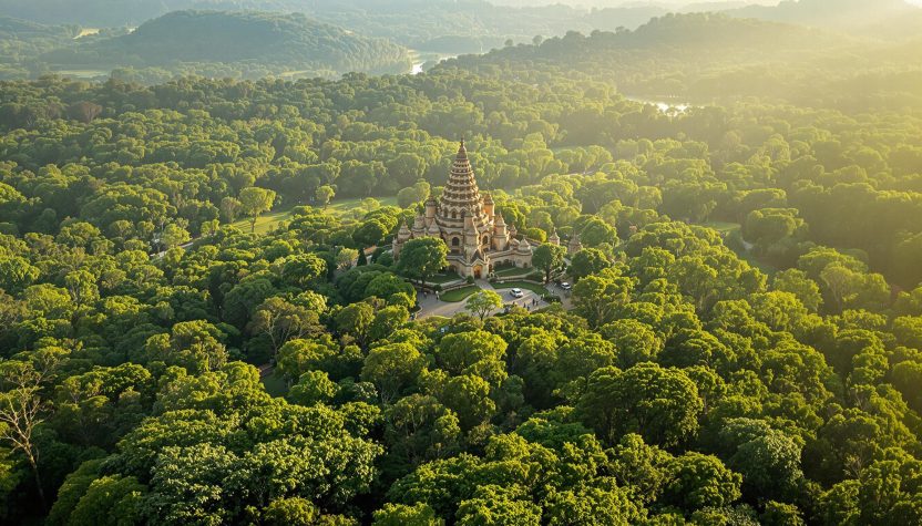 Vue aérienne d’un temple au cœur d’une forêt verdoyante.