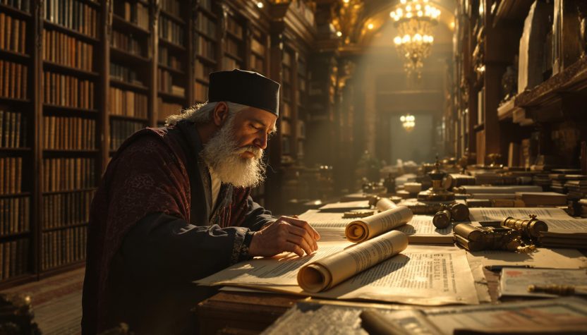 Vieil érudit lisant des manuscrits anciens dans une bibliothèque historique