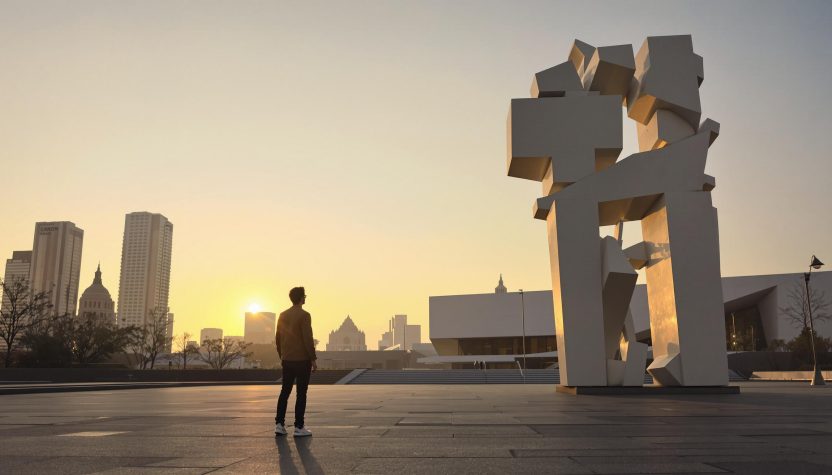 Homme contemplant une sculpture monumentale contemporaine