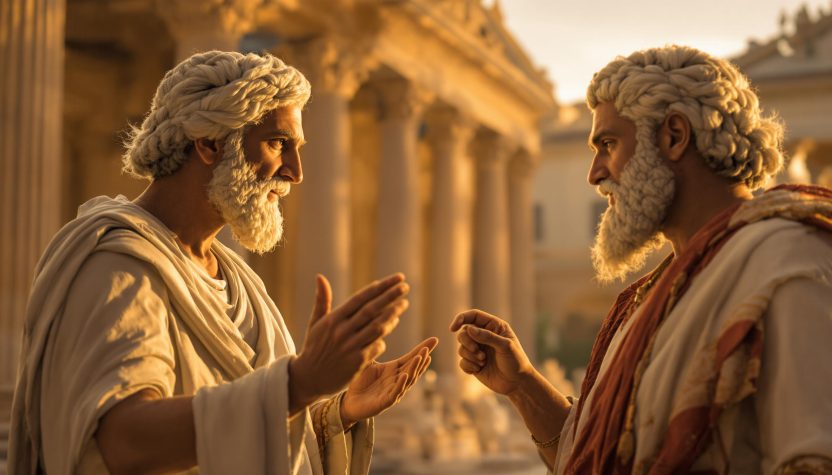 Deux philosophes grecs en pleine discussion dans une agora antique