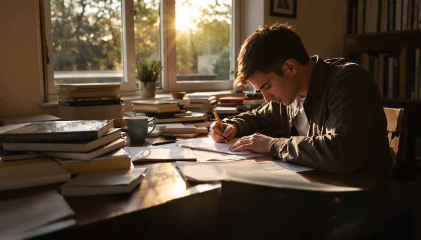 Homme écrivant à un bureau couvert de livres.