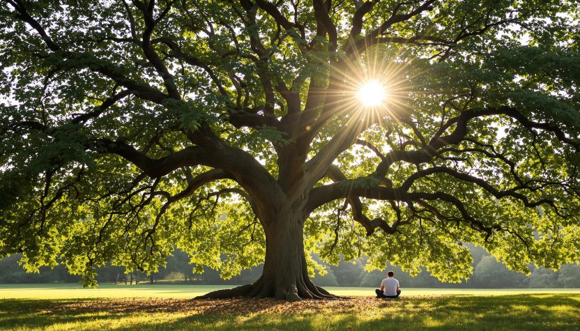 Un homme méditant sous un grand arbre baigné de lumière.