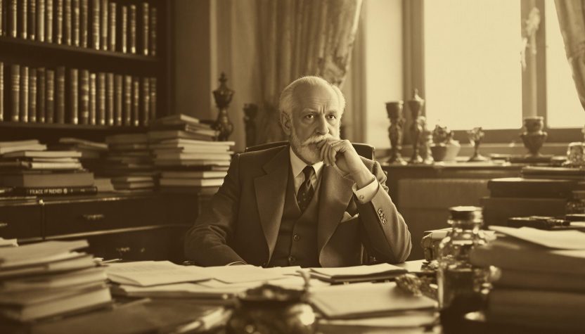 Philosophe âgé en costume vintage assis dans une bibliothèque