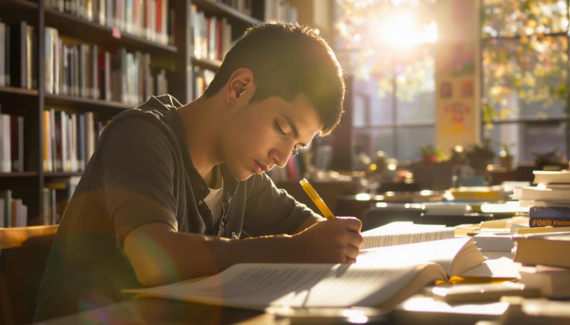 Jeune homme étudiant dans une bibliothèque.