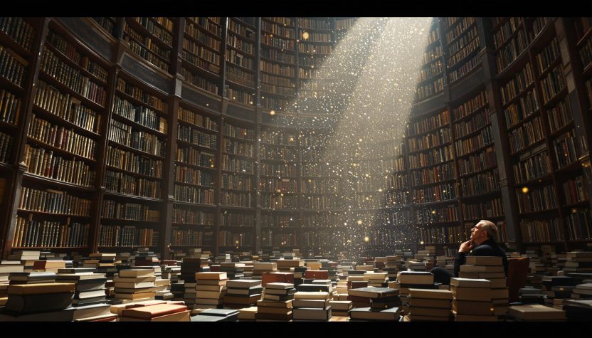 Homme assis dans une immense bibliothèque circulaire remplie de livres
