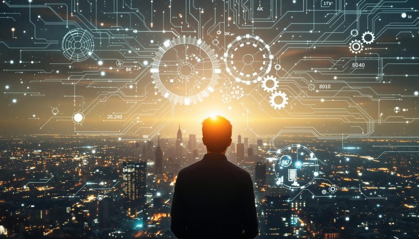 Homme regardant la ligne d'horizon de la ville avec une superposition technologique.