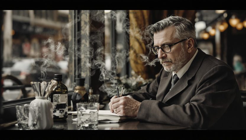 Homme en costume écrivant à une table avec de la fumée.