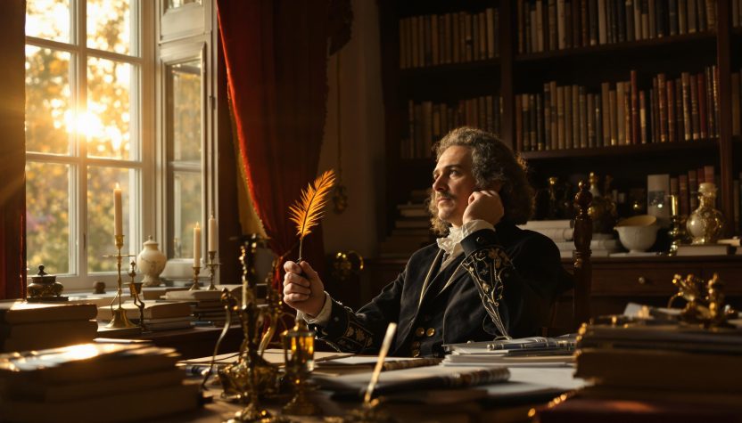 Philosophe des Lumières écrivant à la plume dans une bibliothèque au coucher du soleil