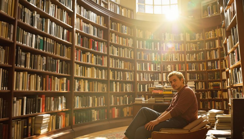 Homme assis dans une bibliothèque ancienne