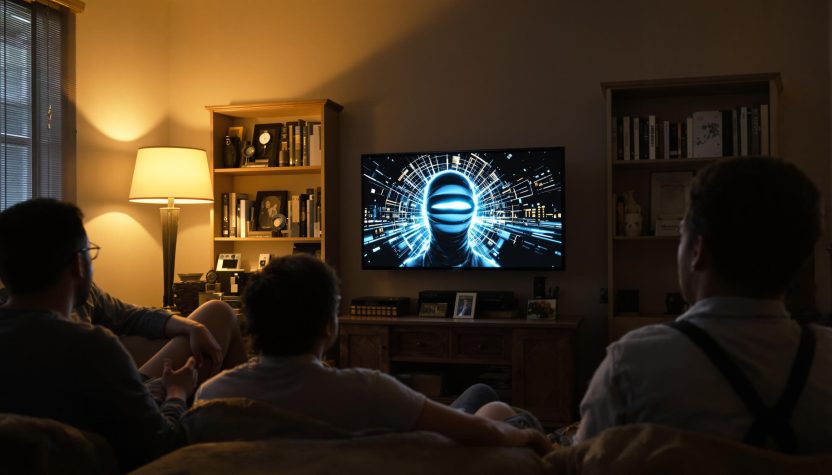 Personnes regardant un film de science-fiction