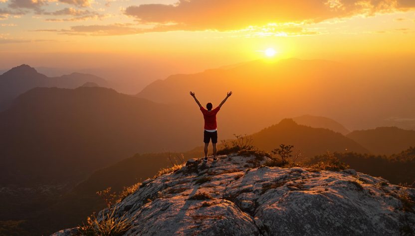 Un homme au sommet d'une montagne au coucher du soleil, les bras levés.
