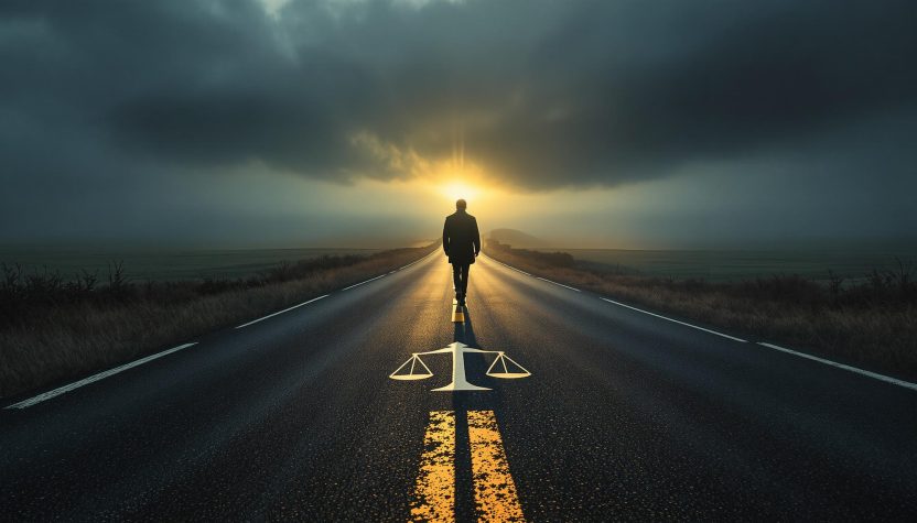 Homme marchant seul sur une route vers le soleil couchant