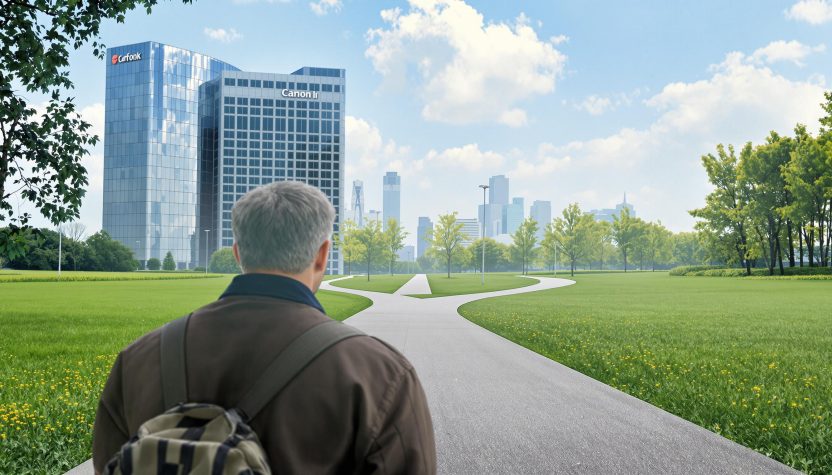 Un homme marchant vers un immeuble