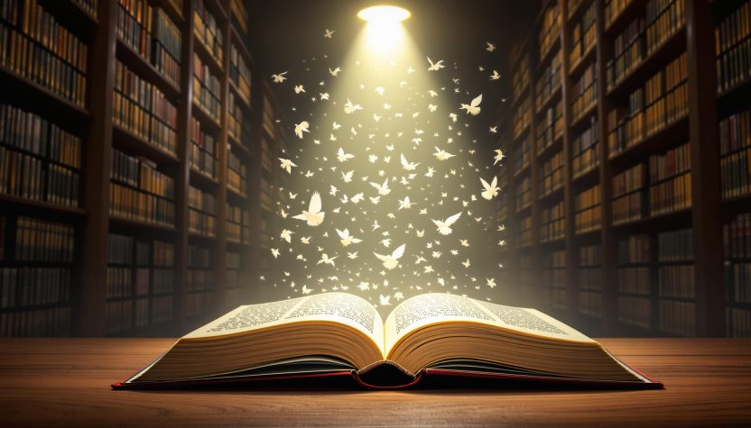 Livre ouvert avec des oiseaux lumineux s'envolant