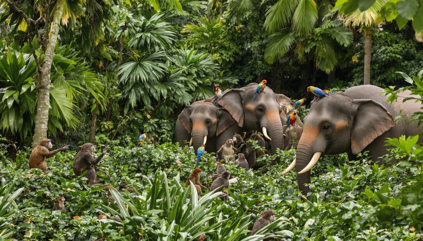 Éléphants, perroquets et singes dans la jungle
