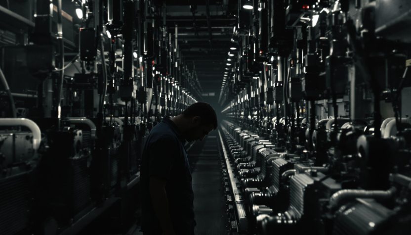 Un ouvrier seul dans une usine sombre et industrielle