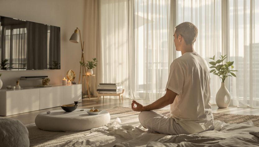 Man meditating in a bright, modern living room.