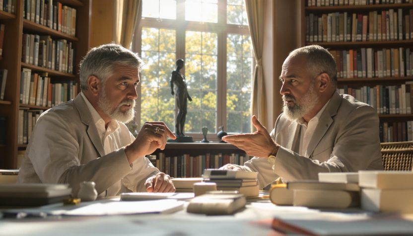 Deux hommes en pleine discussion dans une bibliothèque.