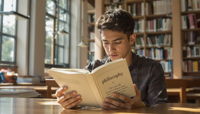 Young man reading philosophy book in library.