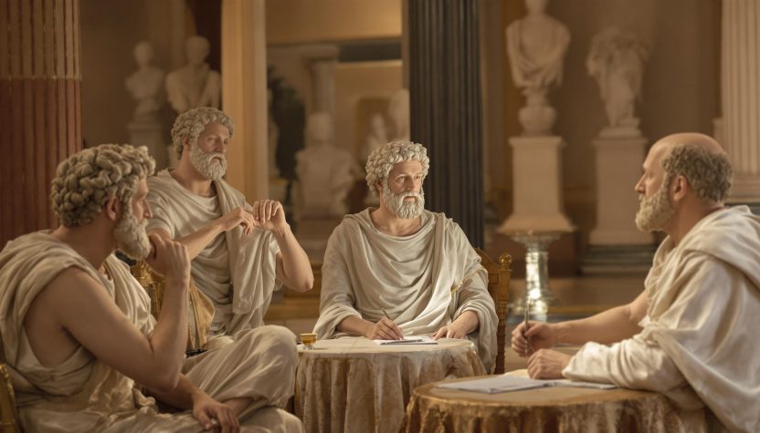 Philosophes grecs en discussion dans un décor antique