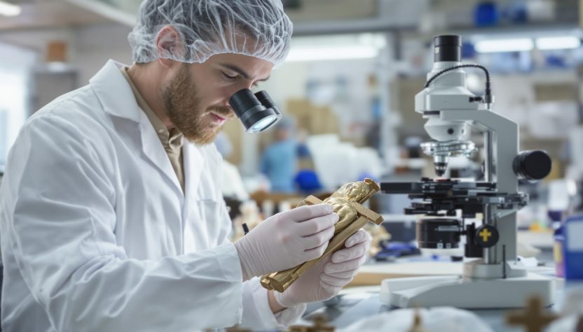 Restaurateur d’art analysant une sculpture religieuse dorée dans un laboratoire