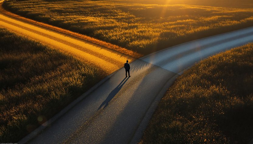 Homme seul face à une bifurcation au coucher du soleil