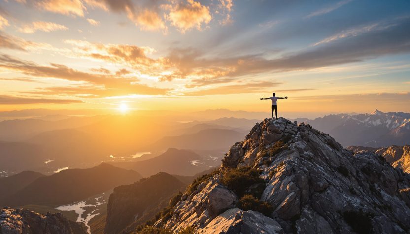 Un homme au sommet d'une montagne au coucher du soleil, les bras écartés.