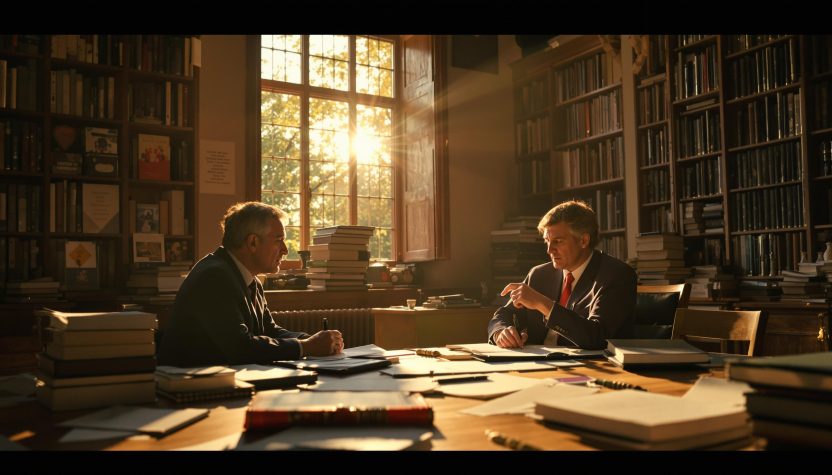 Two men in discussion in a book-lined study.