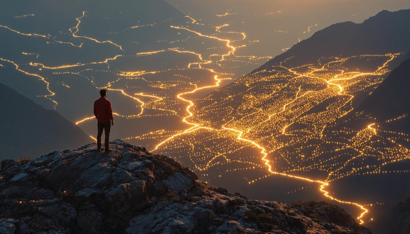 Homme debout sur un sommet de montagne contemplant un vaste paysage nocturne illuminé